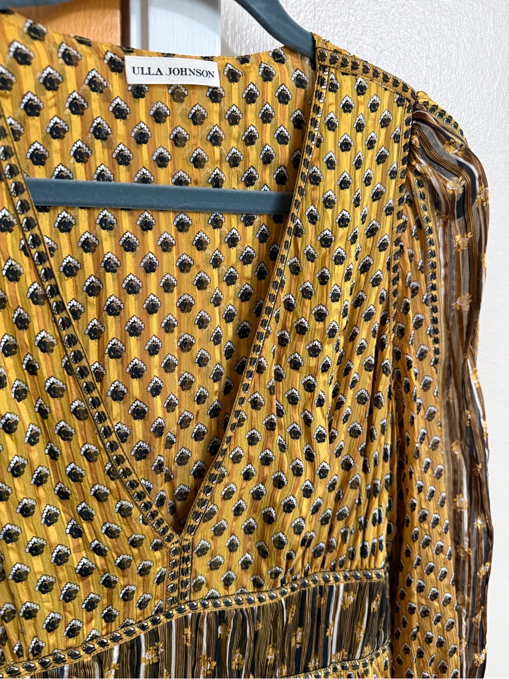 Ulla Johnson Golden Mustard Printed V-Neck Silk Dress